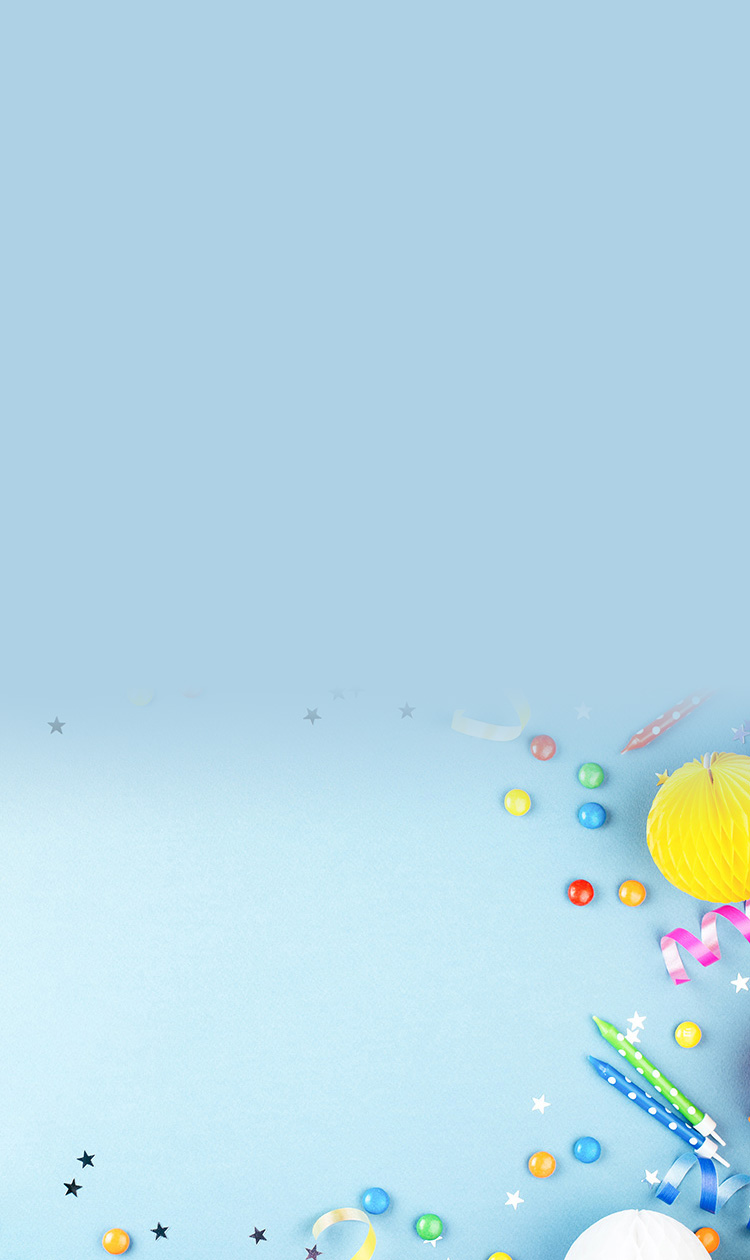 Birthday party blue background. Frame made of colorful serpentine, balloons, candles, candies and confetti.